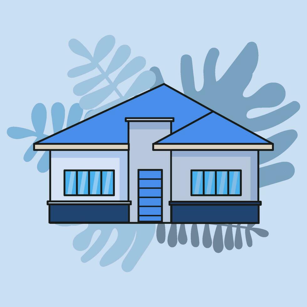 Simple house isolated vector. Blue theme color, black stroke, leaf shape background. Single urban residence vector illustration.