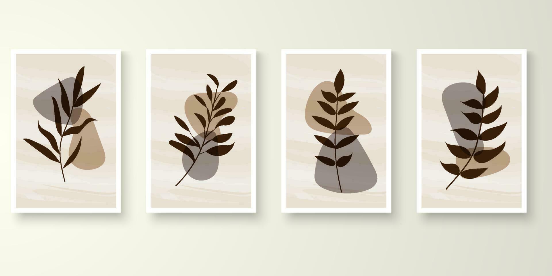 Set of minimal natural wall art in white frames. Foliage line art drawing with abstract shape composition earth tone. Art vector illustration.