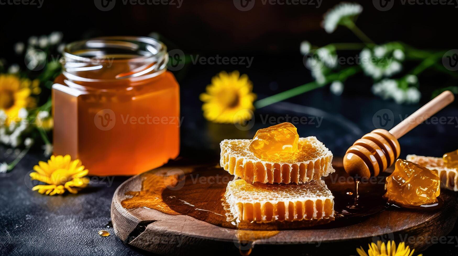 Floral Honey Composition with Rustic Utensils - Generative AI photo