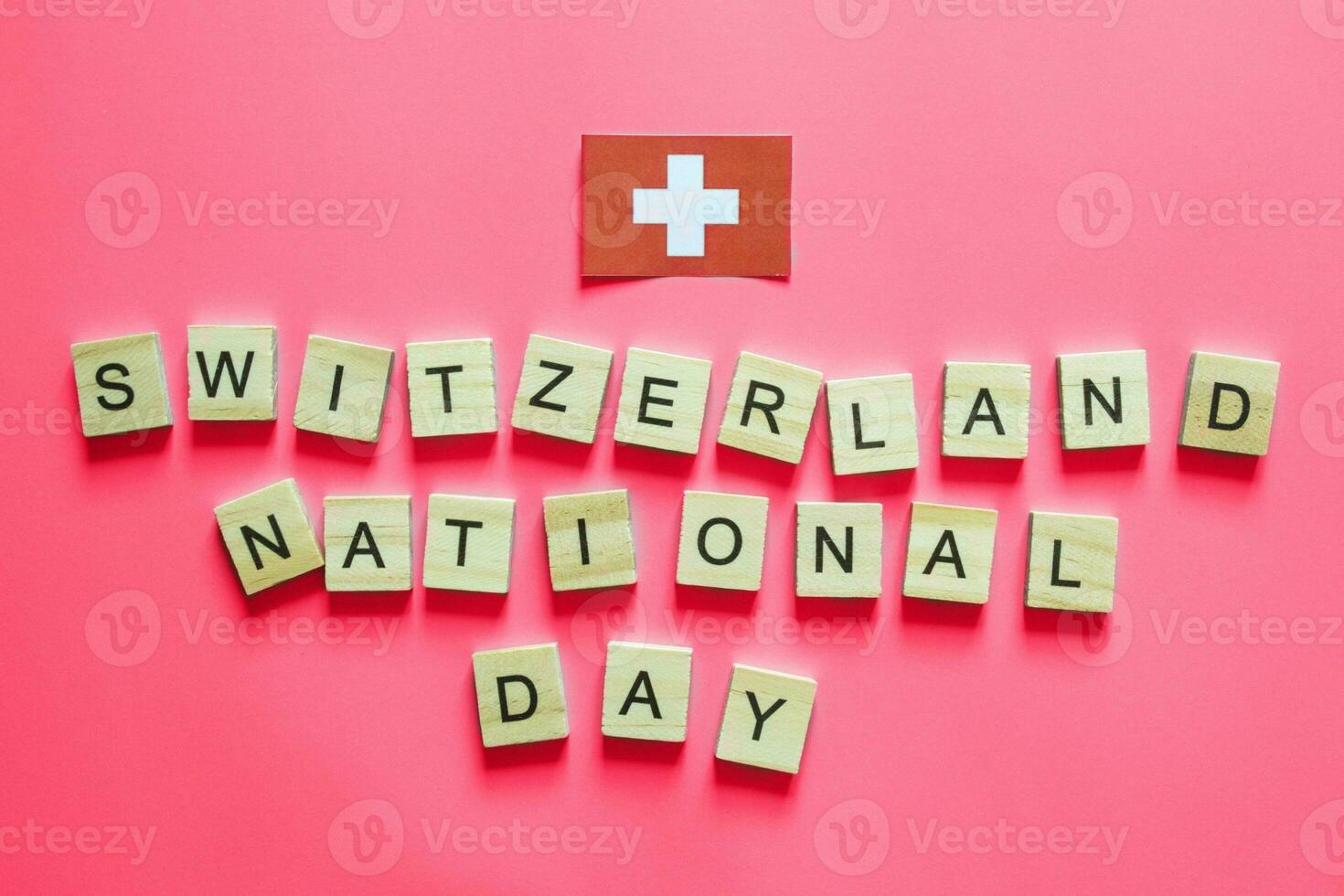 August 1, Confederation Day, a national holiday in Switzerland, a minimalistic banner with the inscription Switzerland National Day, the flag of Switzerland photo