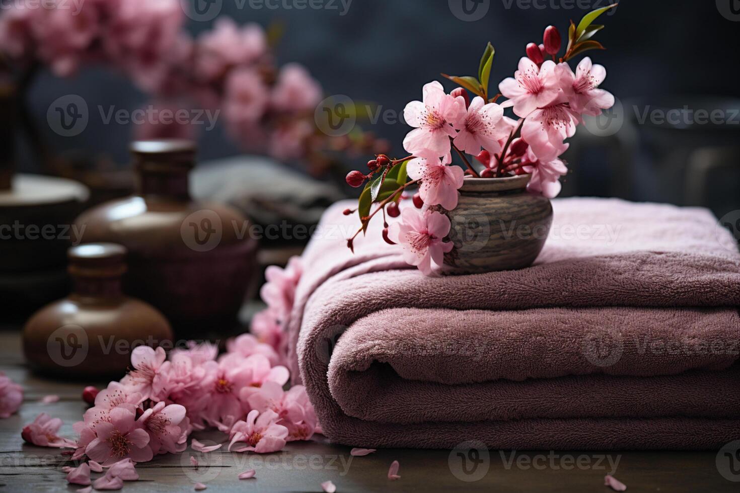 Front view of a wellness background, spa stones, pink flowers, towels photo