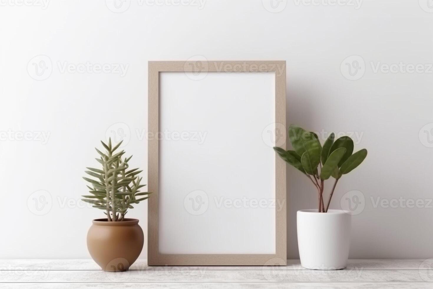 Close-up shot of a mockup frame in a white room with natural wood decor photo