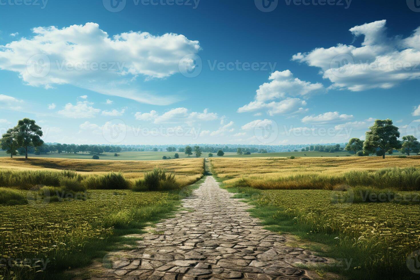 Confronting choices, fork in road, blue sky, grassy horizon stretching AI Generated photo