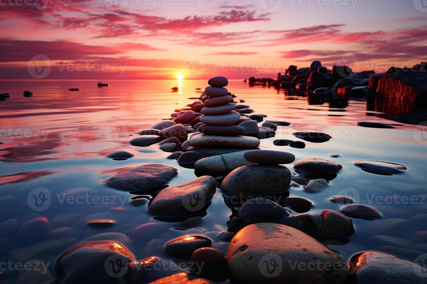 Tranquil sunset setting, Zen stones peacefully resting in shimmering water photo