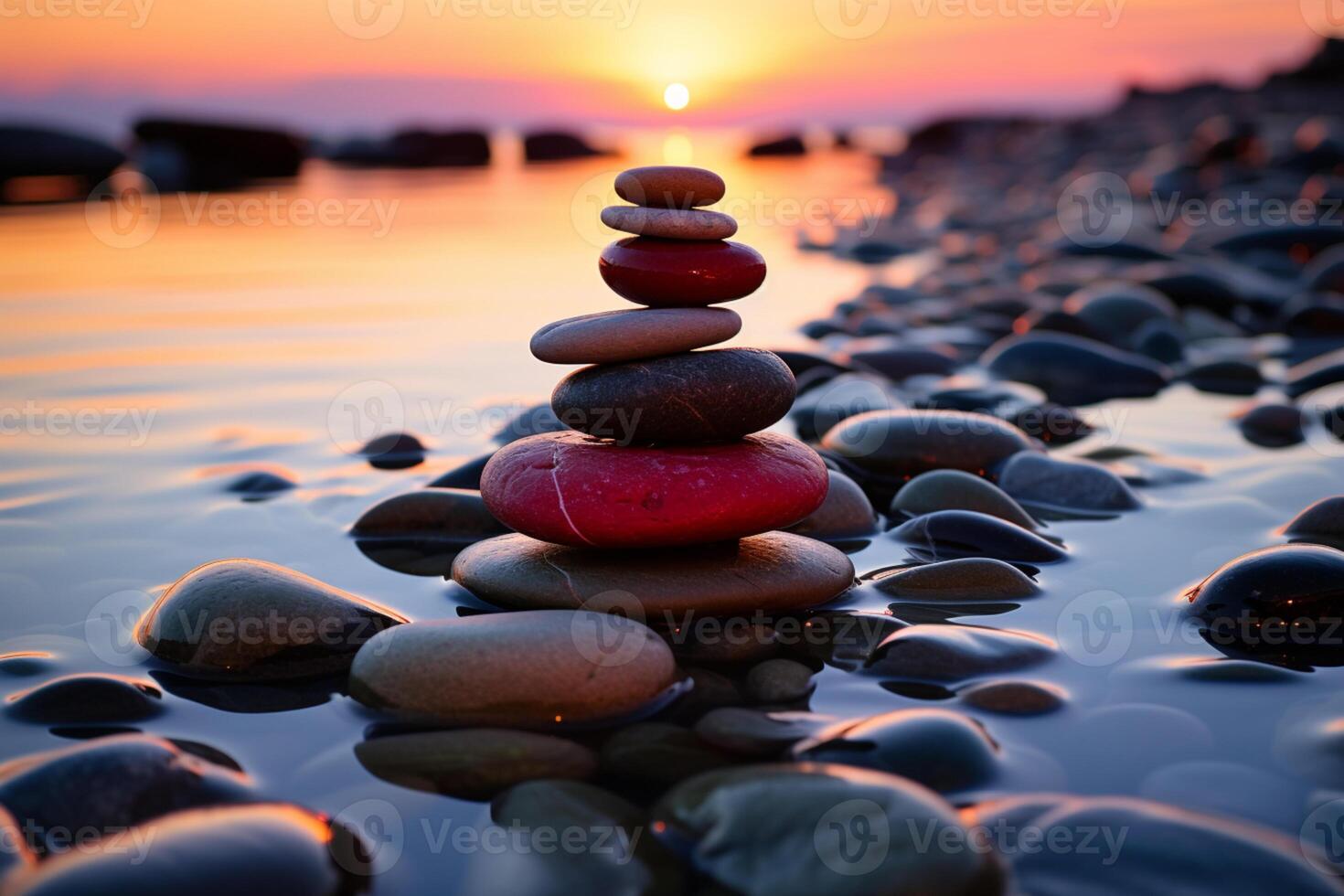 Twilight hues embracing Zen stones as the sun bids farewell photo