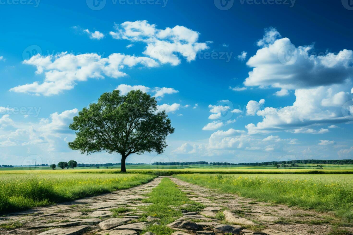 Choosing the path, fork in road against horizon, grass, blue sky AI Generated photo