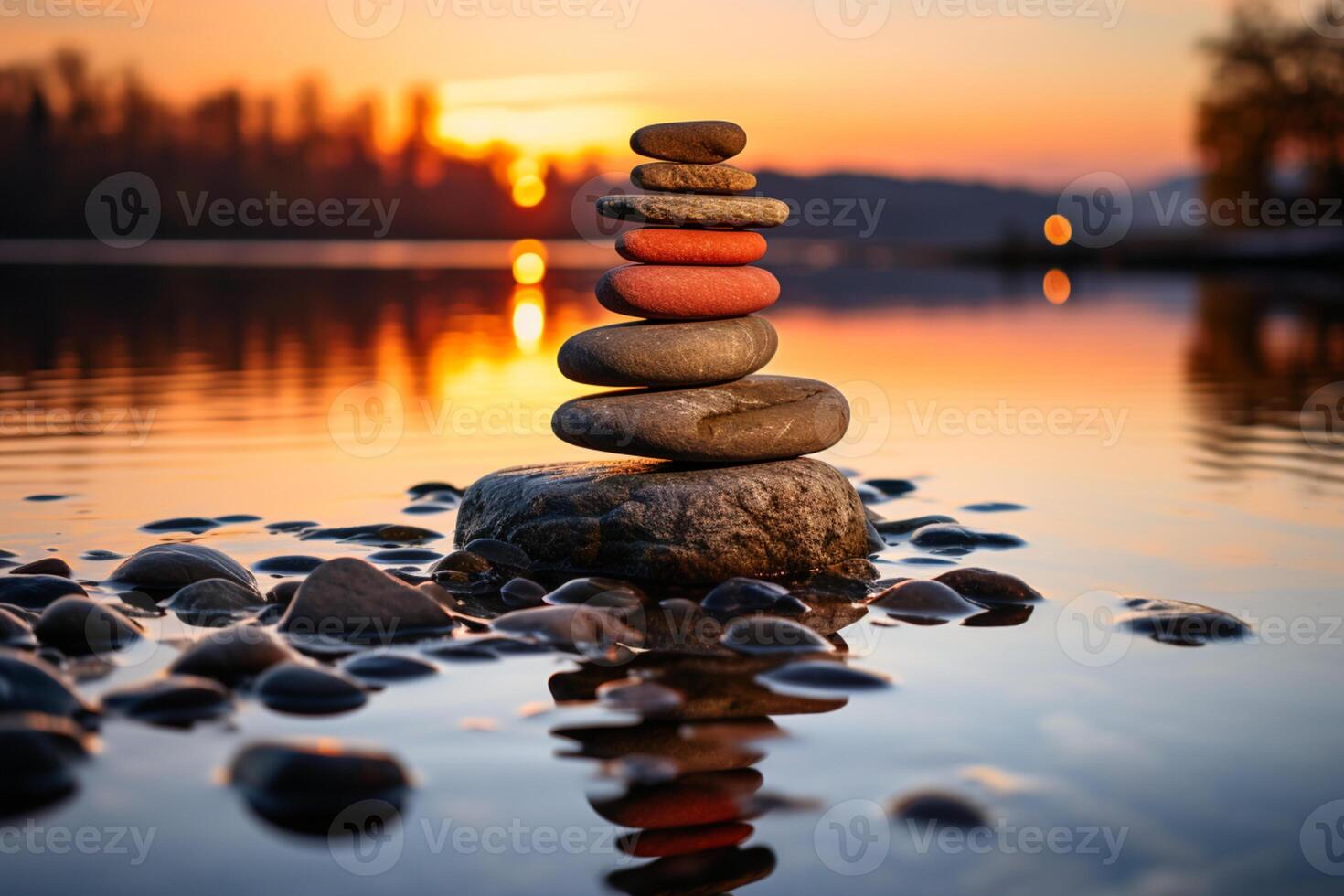 Zen stones gently kissed by the warm hues of a setting sun AI Generated photo