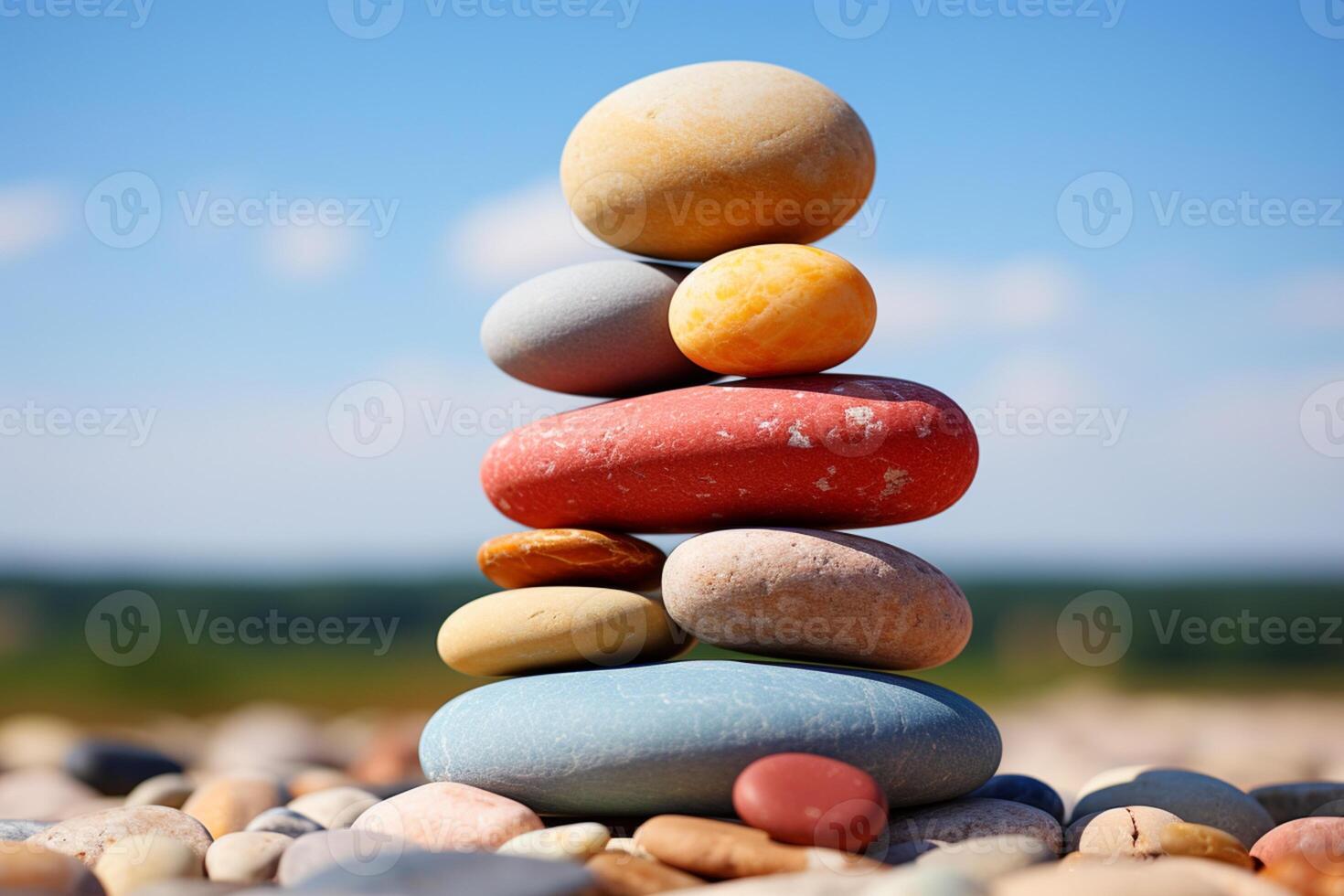 Harmonious spa stones balance against a vibrant summer sky backdrop AI Generated photo