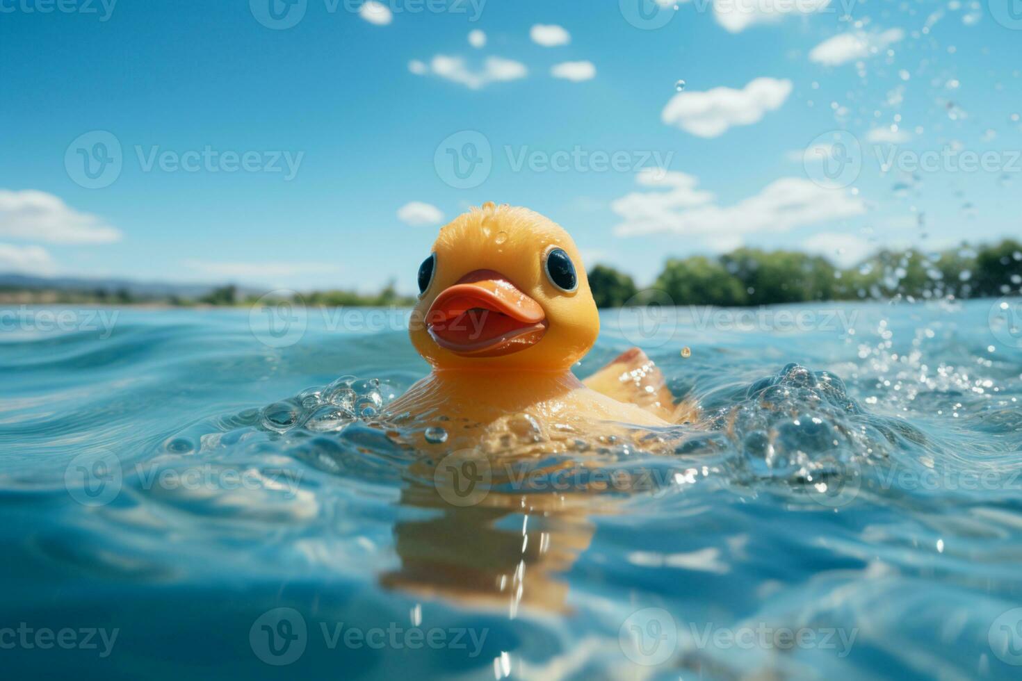 juguetón caucho Pato flotadores en azul agua, adornado con espumoso gotas ai generado foto