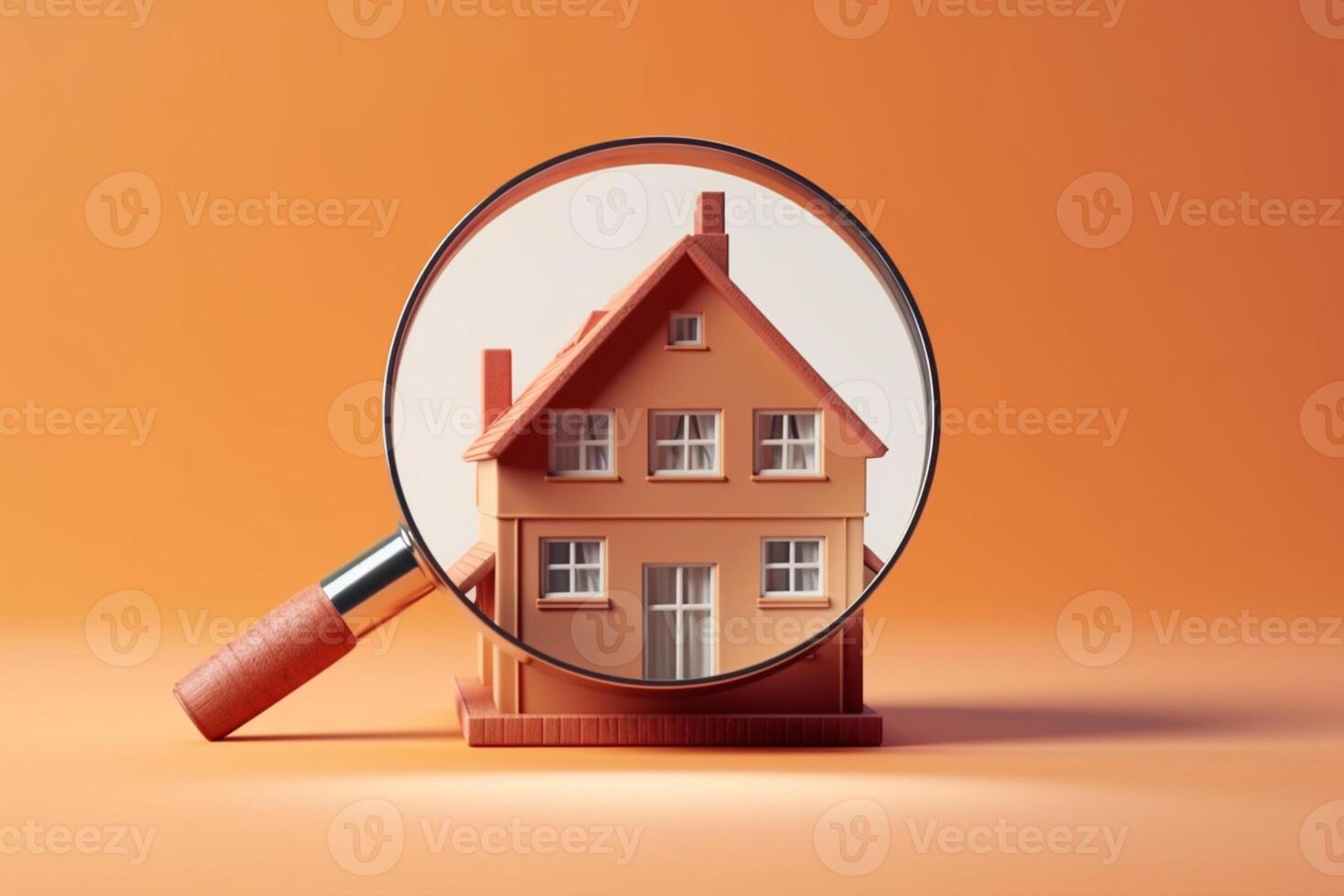 Magnifying glass reveals house model, symbolizing real estate exploration photo