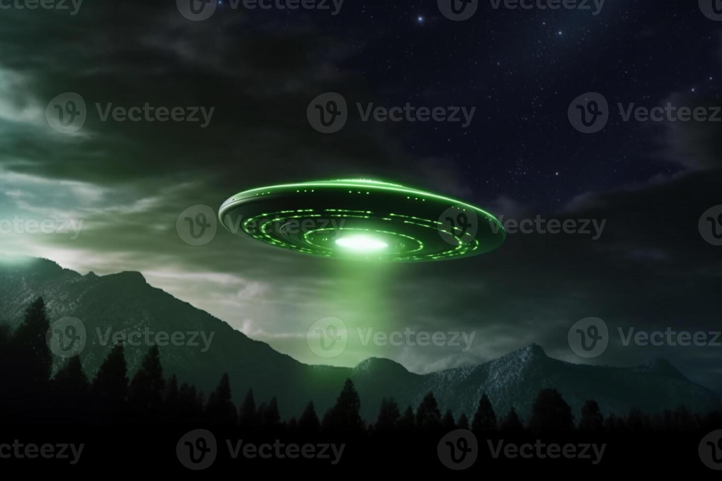 Unearthly sighting, UFO spaceship in dramatic night sky, green creature nearby AI Generated photo