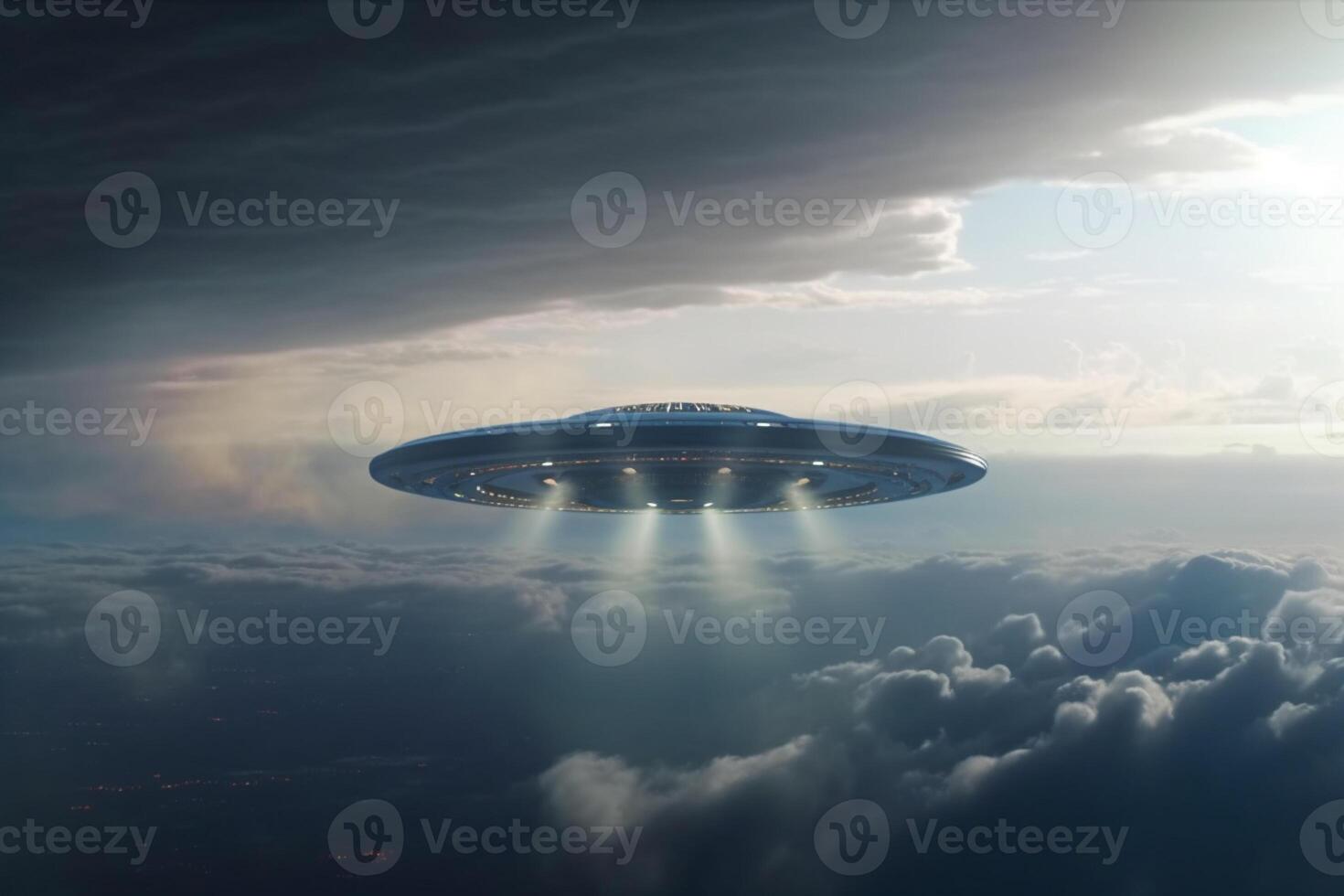 Enigmatic flight, Alien UFO saucer traverses cloud-filled sky above Earth photo