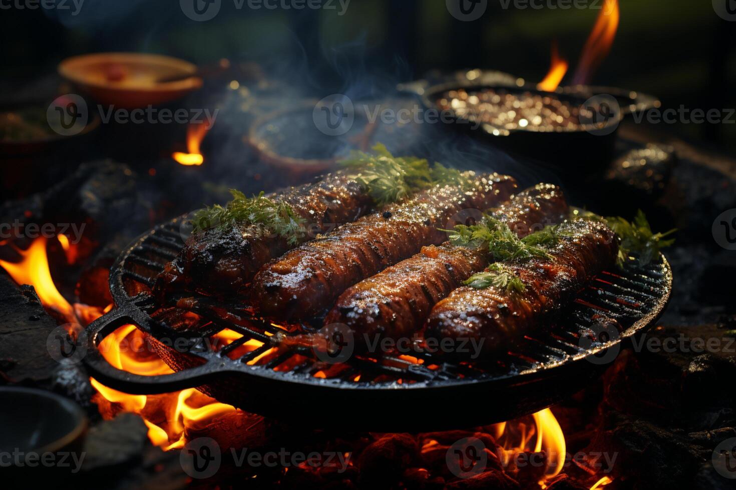 Serene wilderness, Sausage on a fork, accompanied by a forest bonfire photo