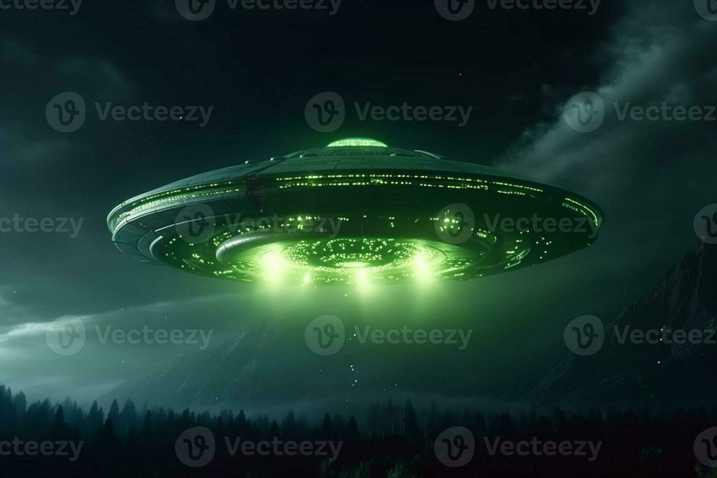 Alien visitation, UFO spaceship hovers in night sky, green creature awaits AI Generated photo