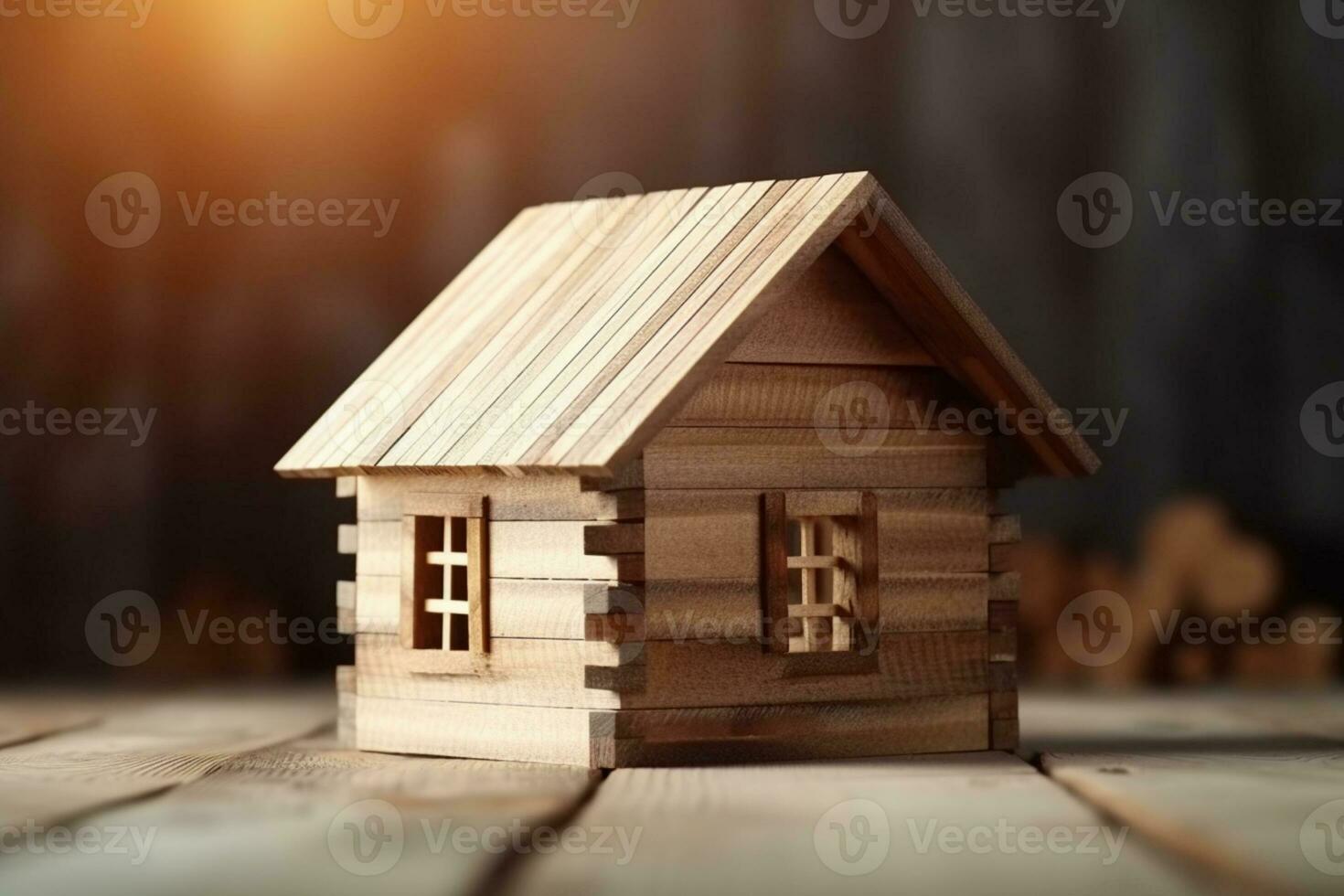 Construction and ecology symbolized by wooden house model on wood background AI Generated photo
