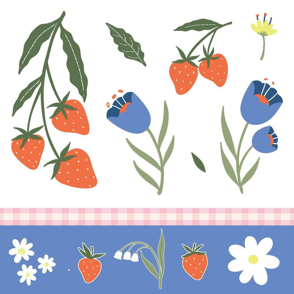 Fruta y flor mano dibujado ilustracion elementos -fresa vector