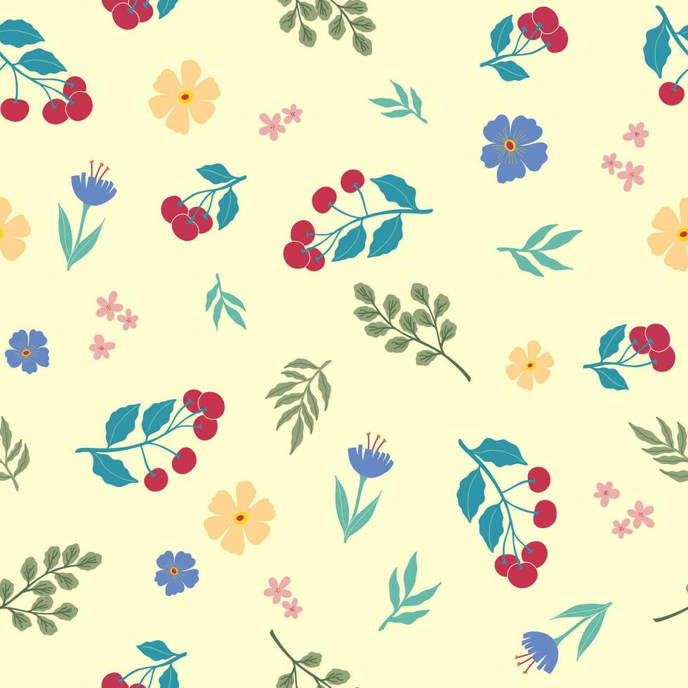 Fruit and flower hand drawn illlustration seamless pattern on yellow blackground -Cherry vector