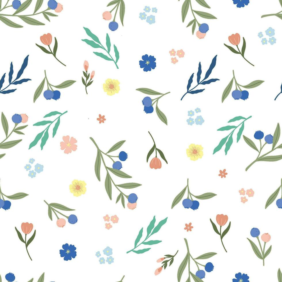 Fruit and flower hand drawn illlustration seamless pattern on White blackground -Blueberry vector