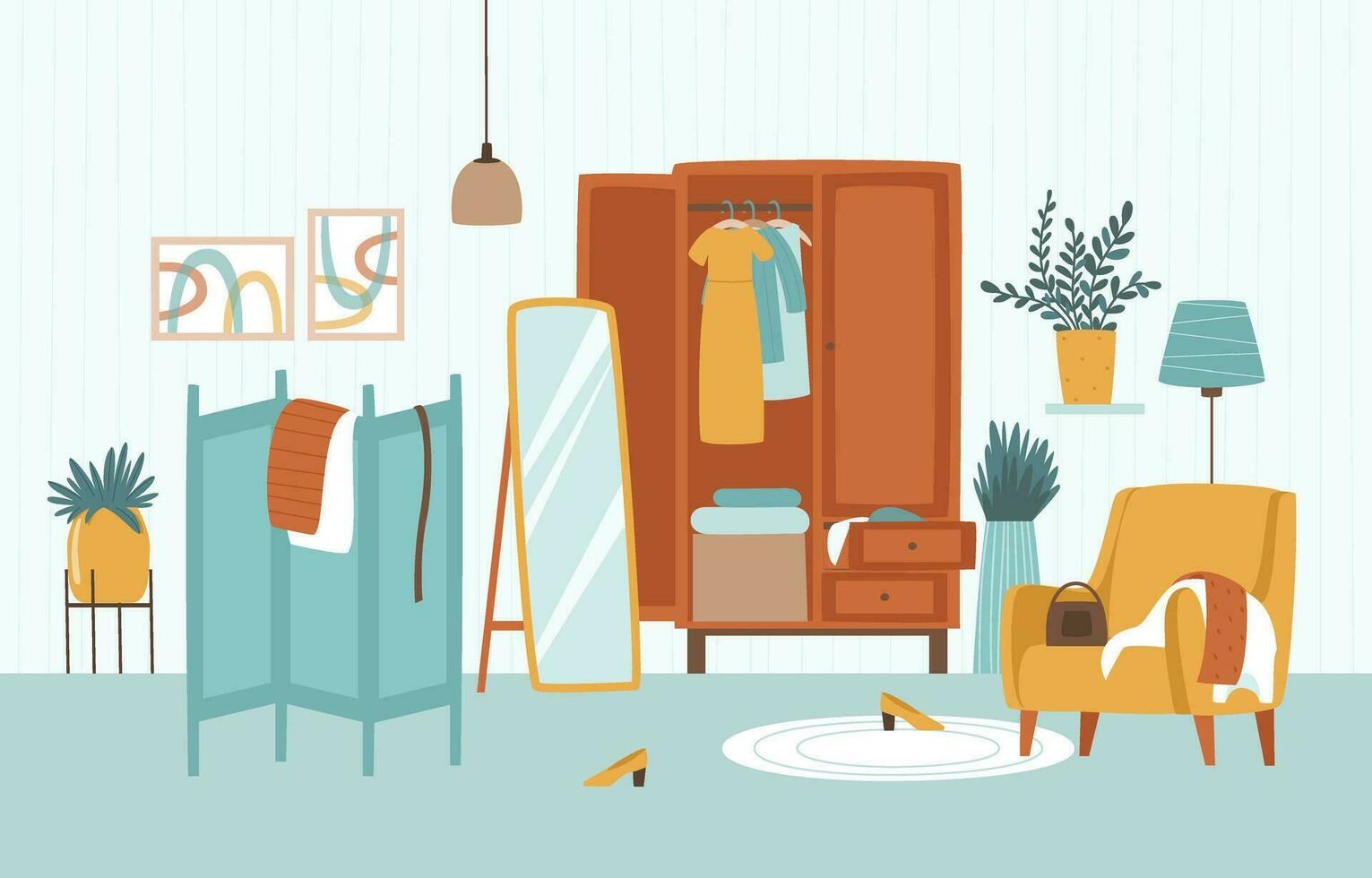 un habitación con un armario, un espejo y un Sillón para elegir un atuendo vector