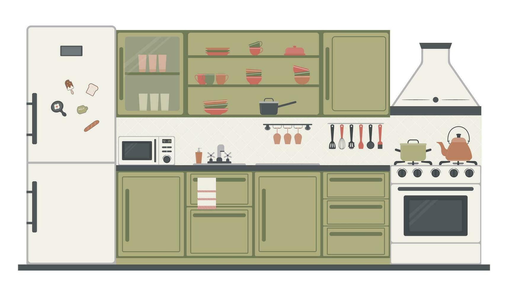 Kitchen interior design with furniture, appliances and dishes. Kitchen cabinets, gas stove, microwave, refrigerator with magnets, extractor hood. Vector illustration in the flat style.