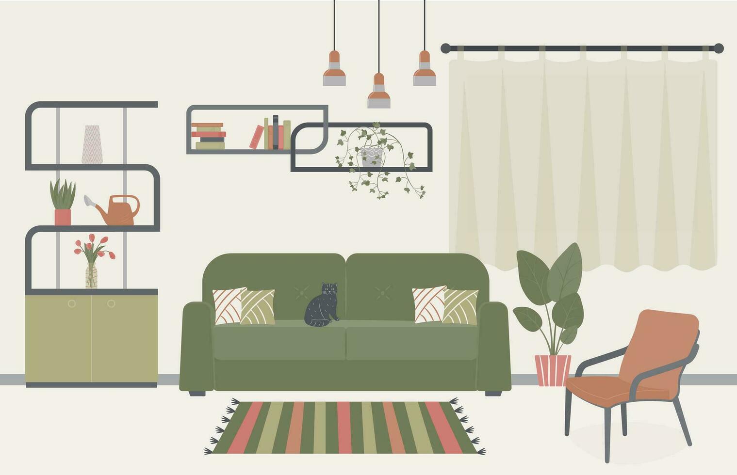 Interior design of a room with furniture. Sofa with pillows, armchair, bookshelves, window with curtains, potted plants, watering can, carpet, flowers in a vase. Vector illustration with flat style.