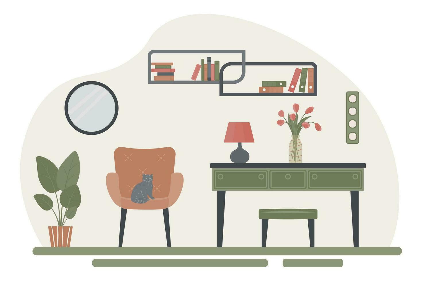 interior diseño de un habitación con mueble. mesa, tocador, sillón, cabecera mesa, silla, espejo, mesa lámpara, estante para libros con libros, en conserva plantas. un sitio de descansar. vector