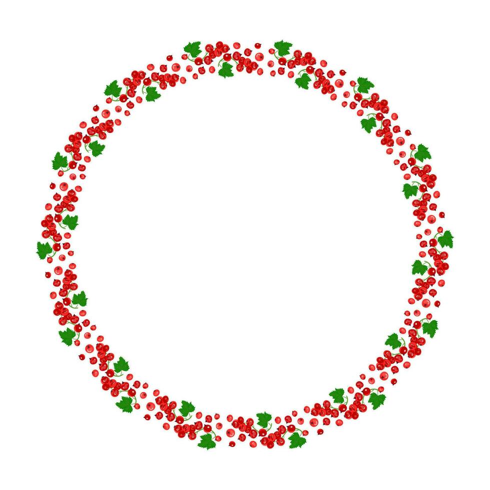 Round frame of red currant berries with green leaves. The concept of healthy eating. Ripe berries. Fruit picking. Vector illustration in a flat style.