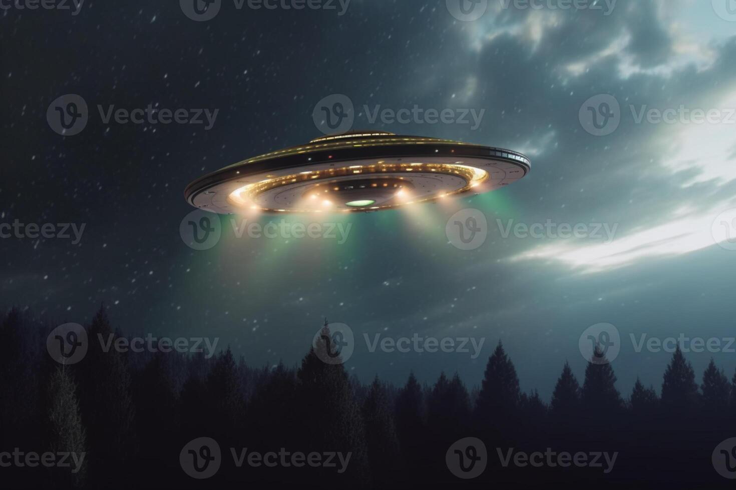 Enigmatic UFO glides through the night sky, moonlit backdrop photo