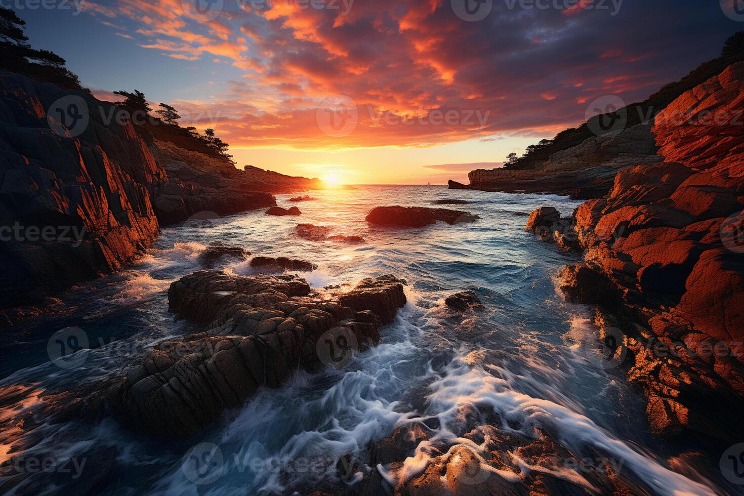 A stunning display unfolds as a fiery sunset embraces the sea landscape photo