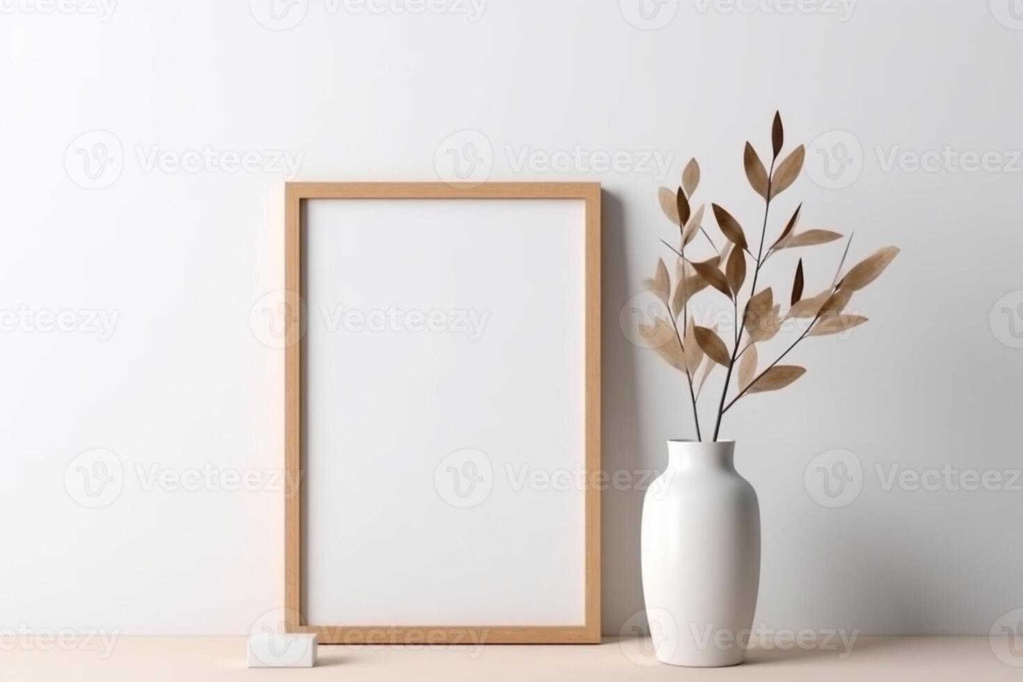 Close-up of a mockup frame in a white room adorned with natural wooden furniture photo