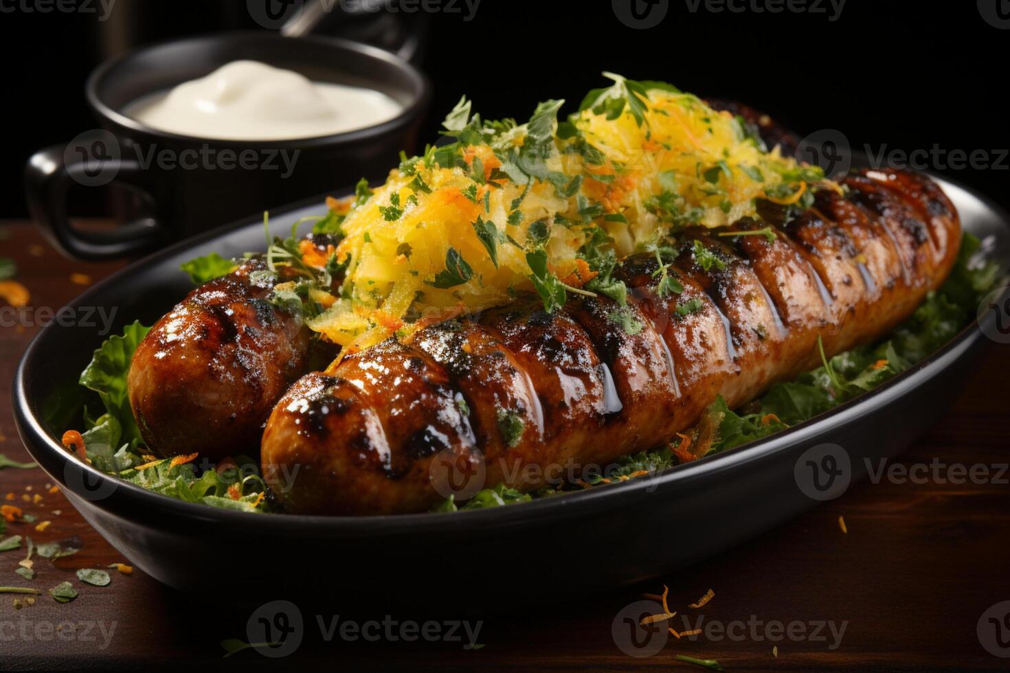 Perfectly grilled bratwurst complemented by mustard, artfully plated for indulgence AI Generated photo