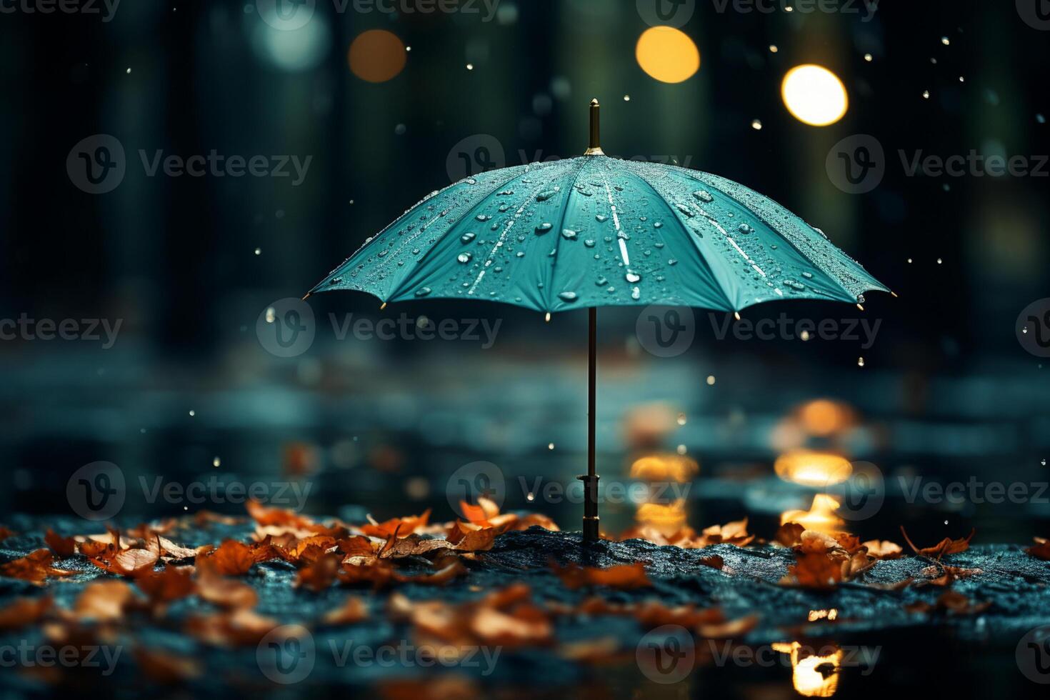 Umbrella provides shelter amidst water droplets in a rainy weather concept photo