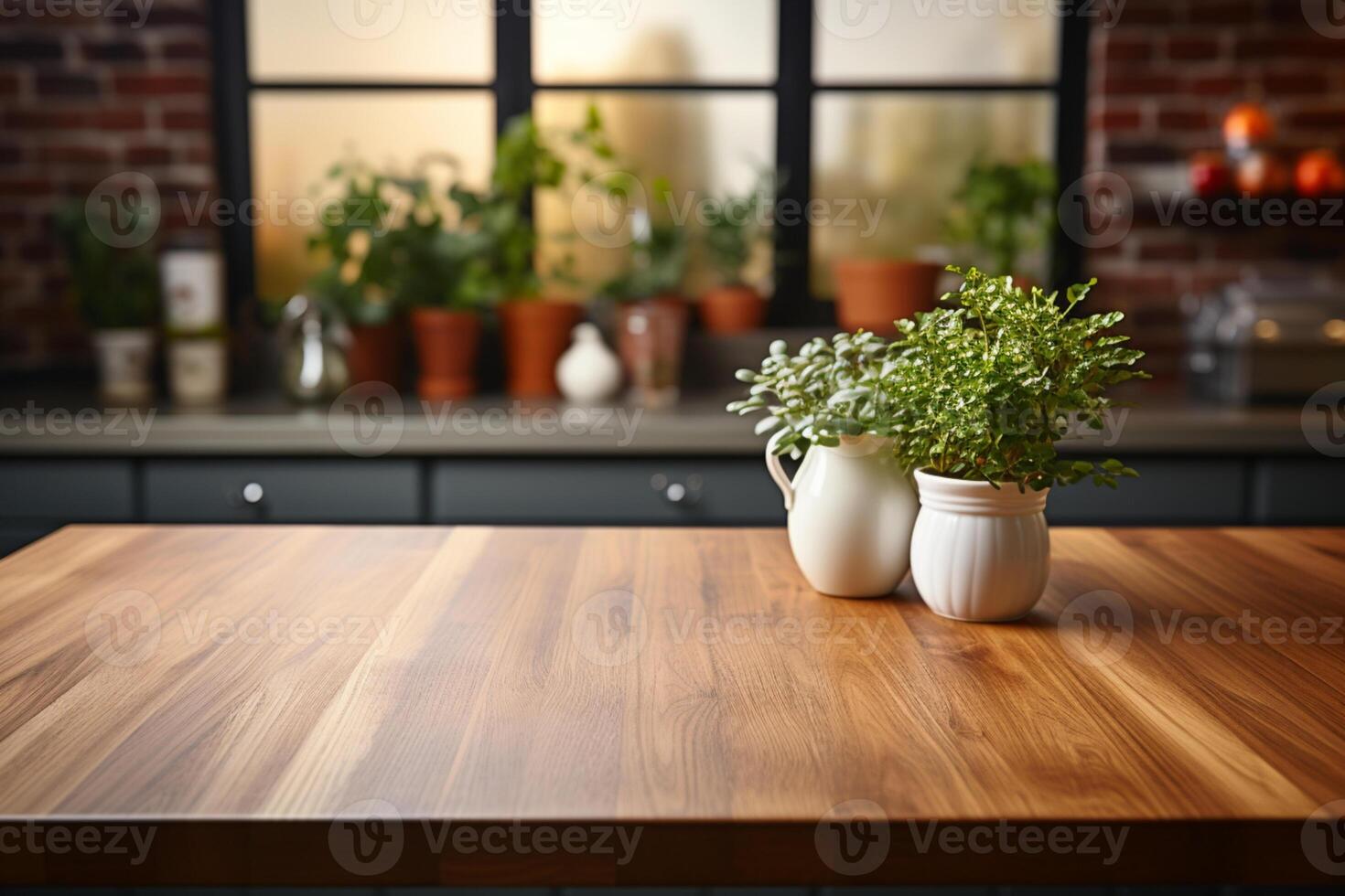 Blurred kitchen room background complements wood table top for versatile displays photo