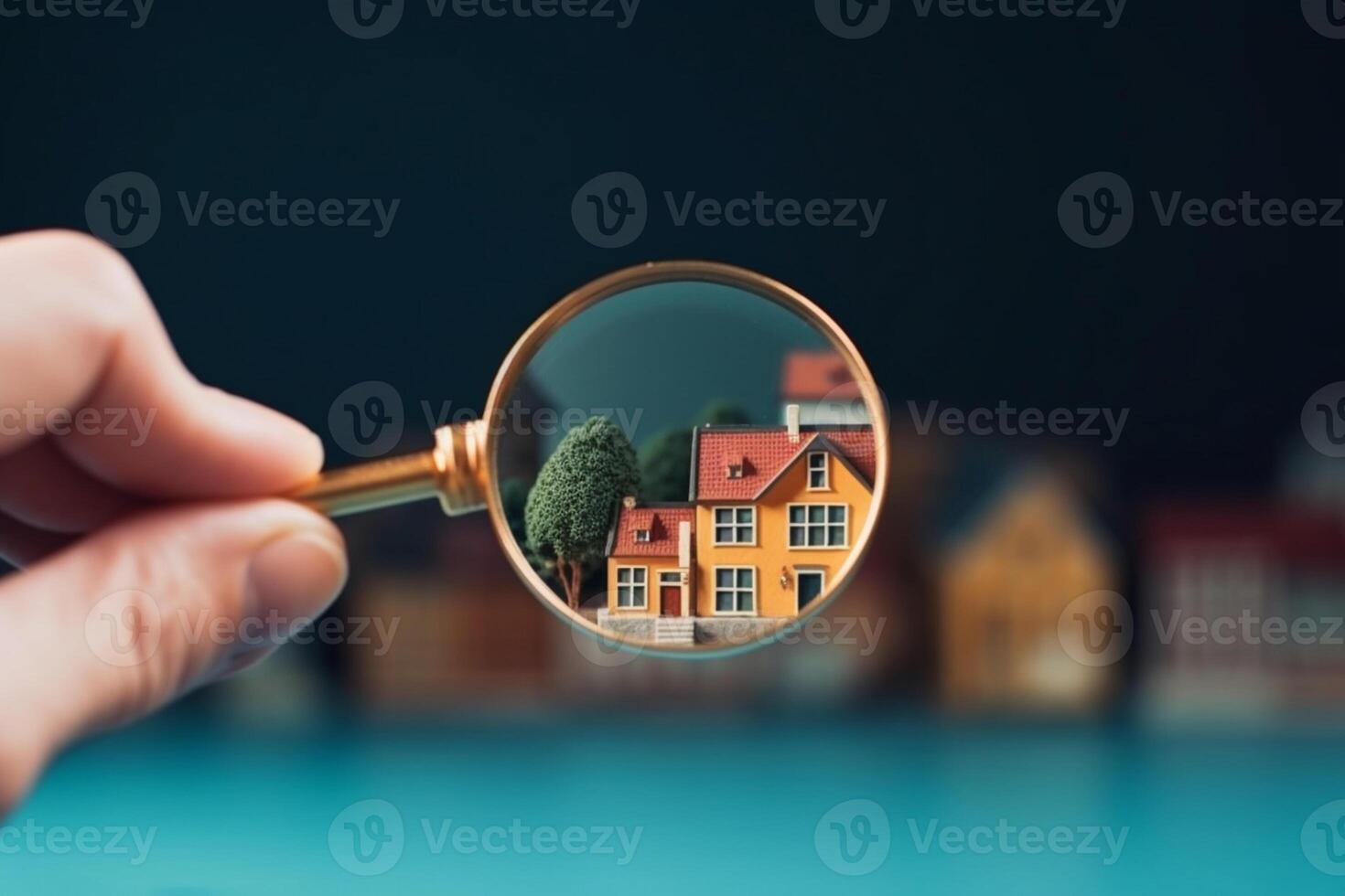 Hand holding magnifying glass, exploring house model, real estate symbol photo