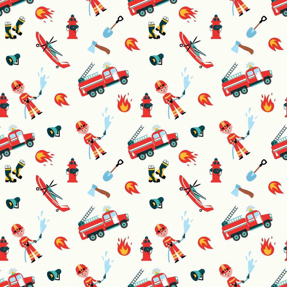 Fireman seamless pattern. Fireman, hydrant, fire helicopter, fire plane. Design for fabric, textile, wallpaper, packaging. vector