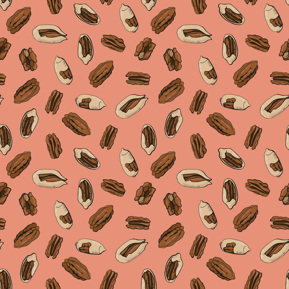 Seamless pattern with pecan nuts. Design for fabric, textile, wallpaper, packaging. vector