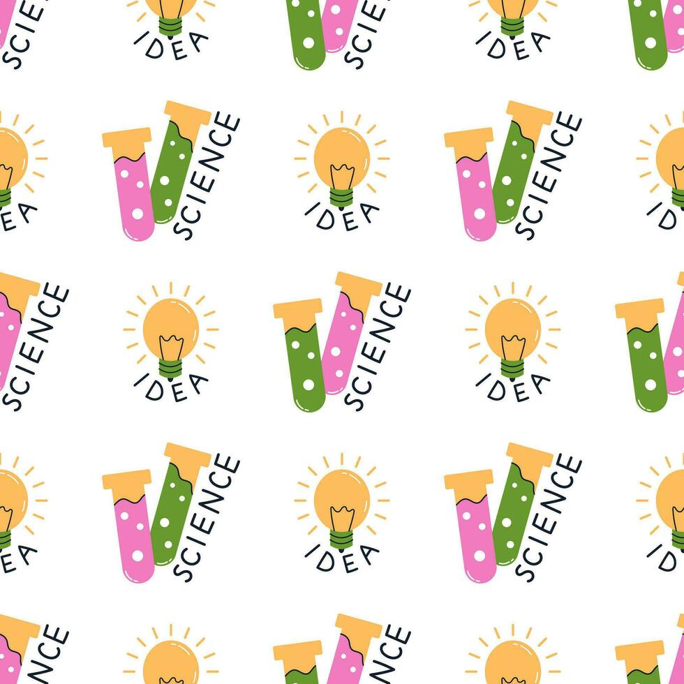 Vector back to school seamless pattern. Education and study concept. Test tube and light bulb on white background. Success in scientific activity. Trendy school pattern.