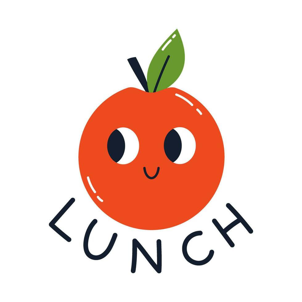 Vector sticker with cute smiling apple and text lunch. Kawaii design for children and kids. School lunch concept. Funny apple with face.