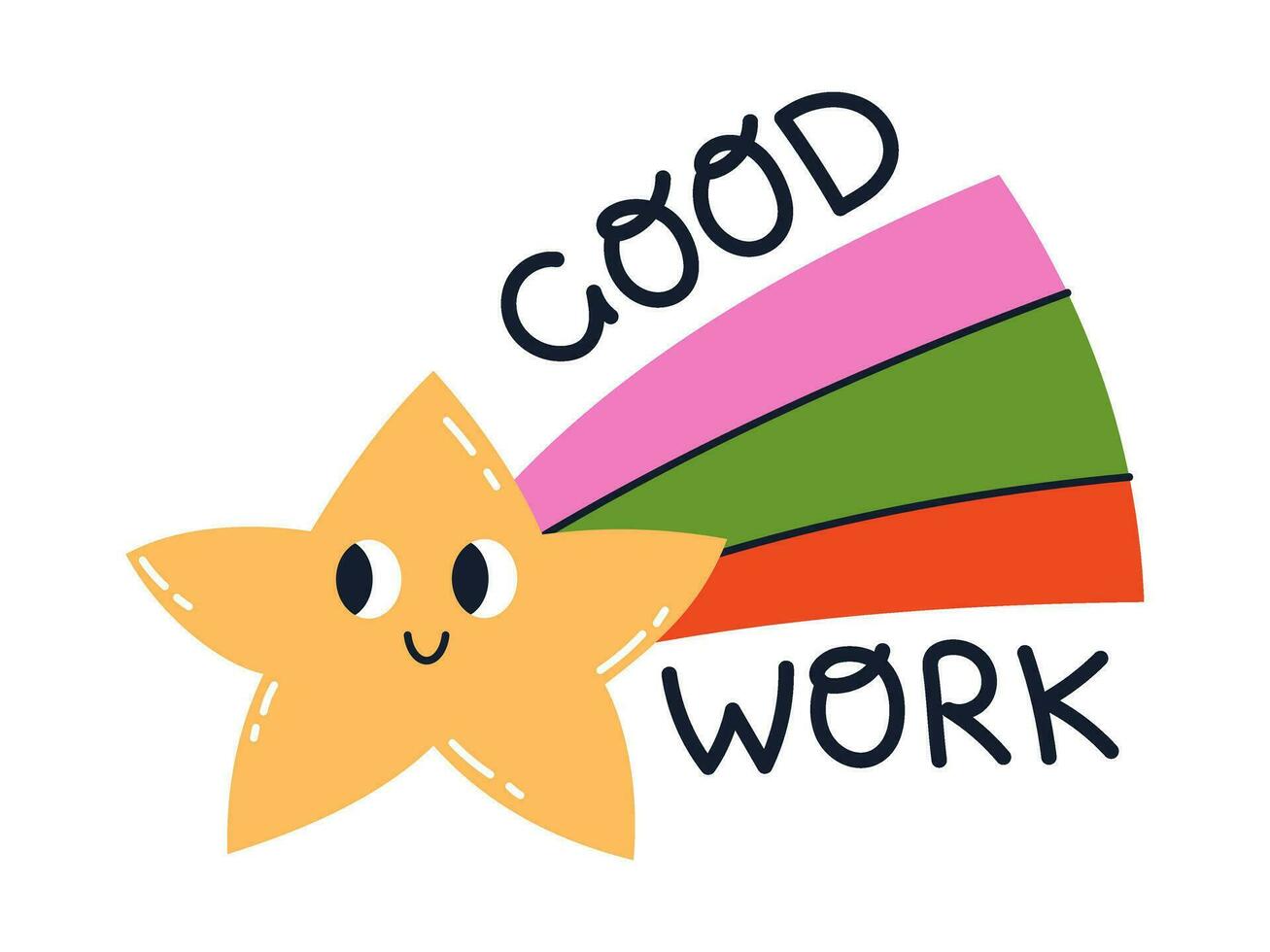 Vector illustration of cute falling star and good work text. Inspirational and motivational sticker. Positive phrase and smiling star with colorful tail.