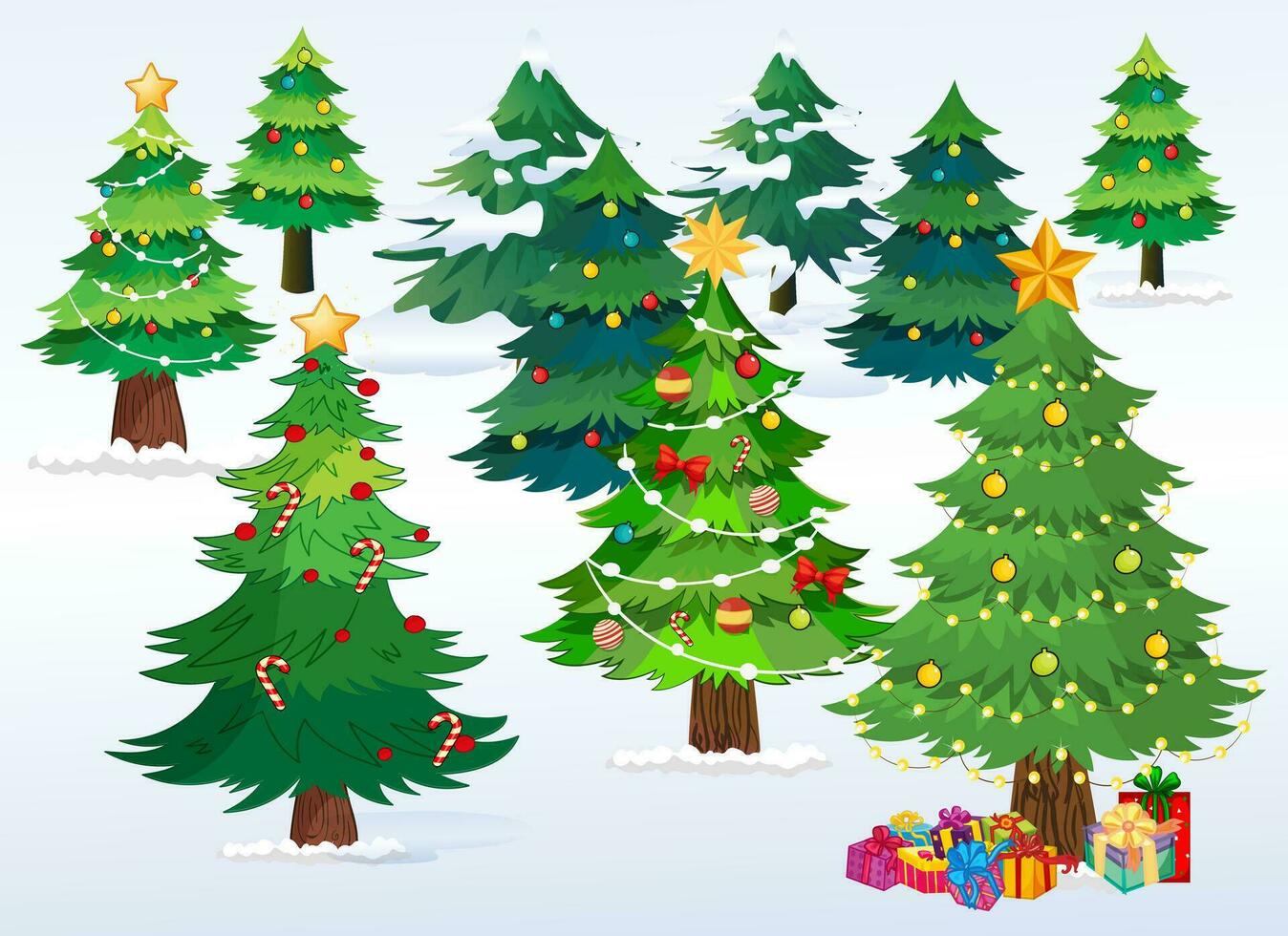 Christmas Background with Decorated Christmas Trees, Snow, and Gifts vector