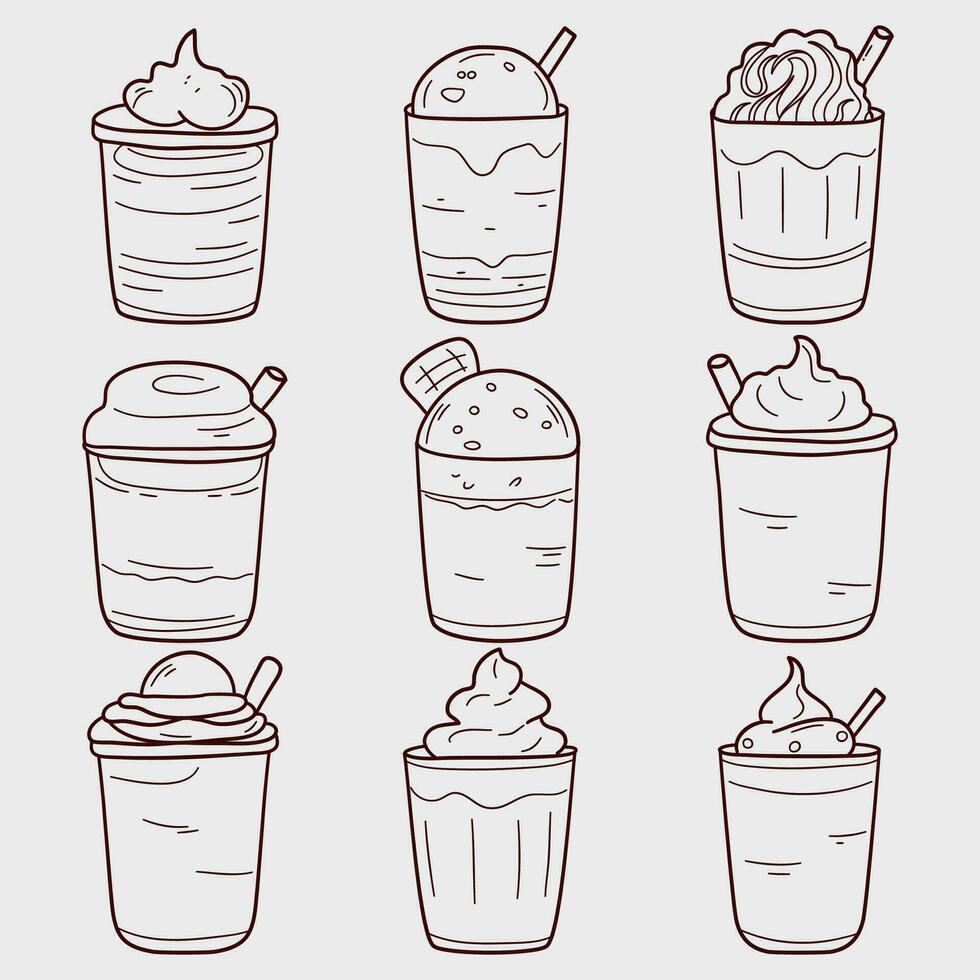 Collection of cold drinks in glasses. Vector illustration in doodle linear illustration isolated background