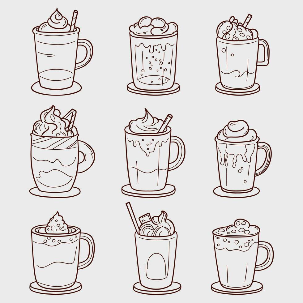 Collection of cold drinks in glasses. Vector illustration in doodle linear illustration isolated background