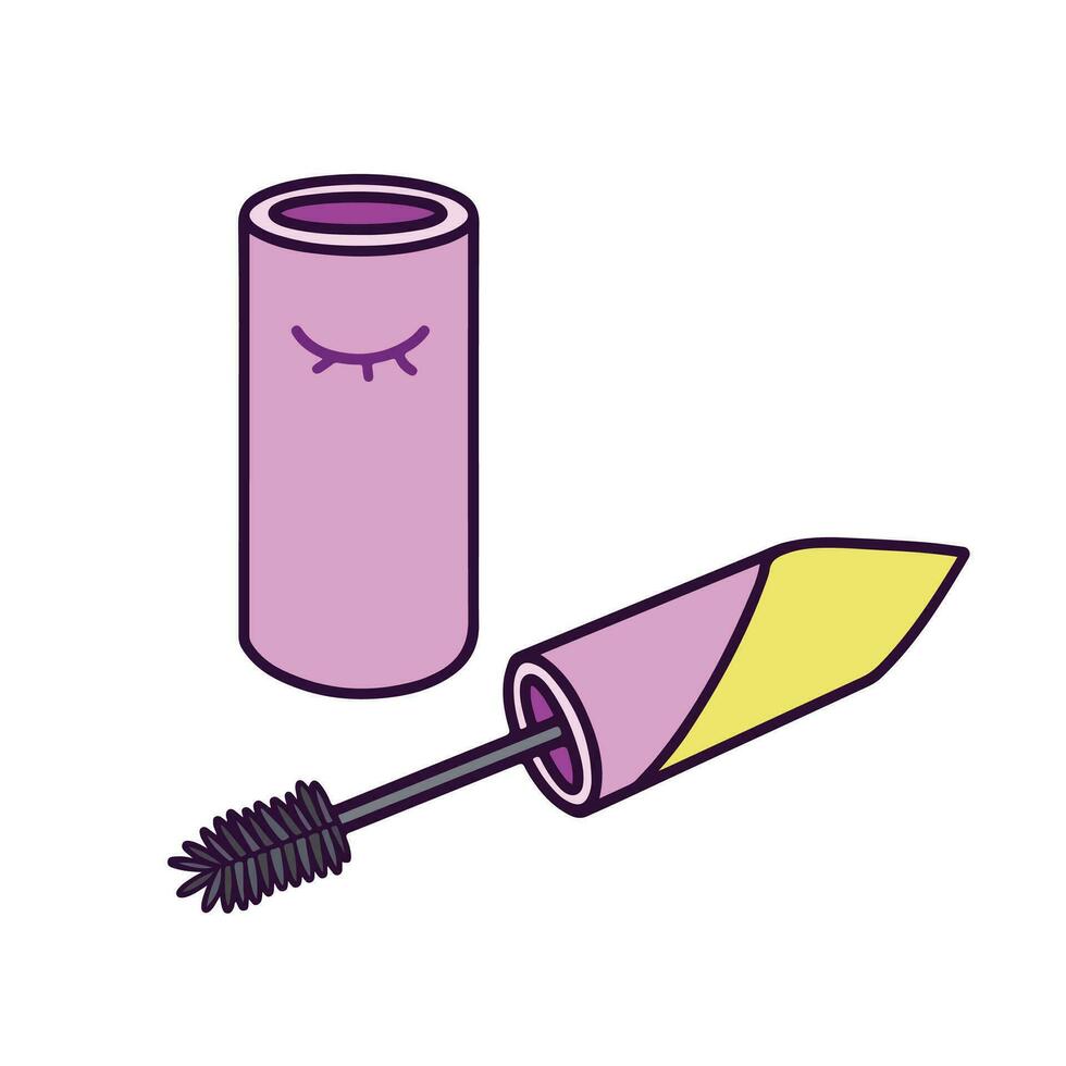 Colored pink mascara make up for eyelashes vector icon illustration outlined isolated on square white background. Small cute maskara simple flat drawing with cartoon art style.