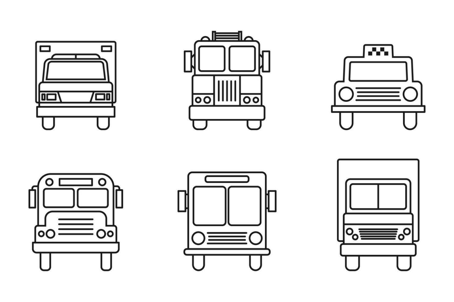 Auto icons set. Collection of auto with school bus, bus, car, truck, caravan, taxi, ambulance, fire truck. Editable and scalable auto icons. Vector illustration
