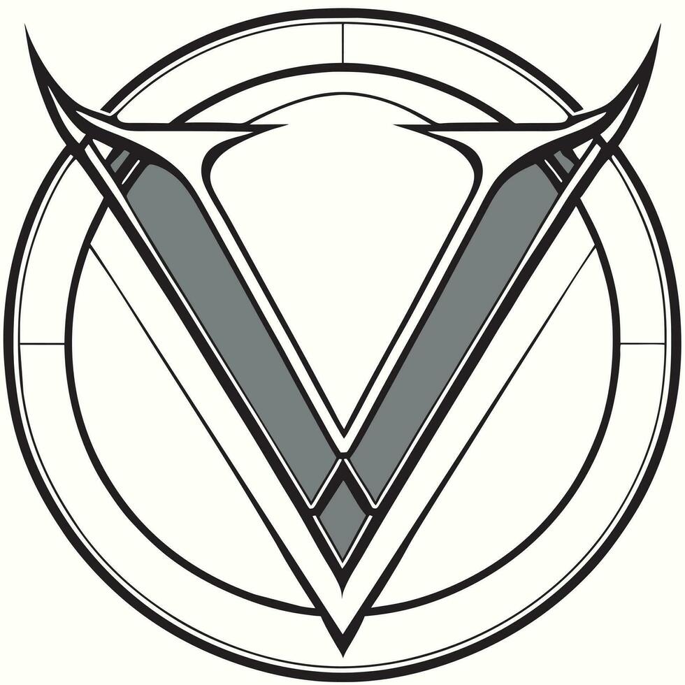 a circle with a giant v inside of it make it like a metal band logo, vector illustration line art