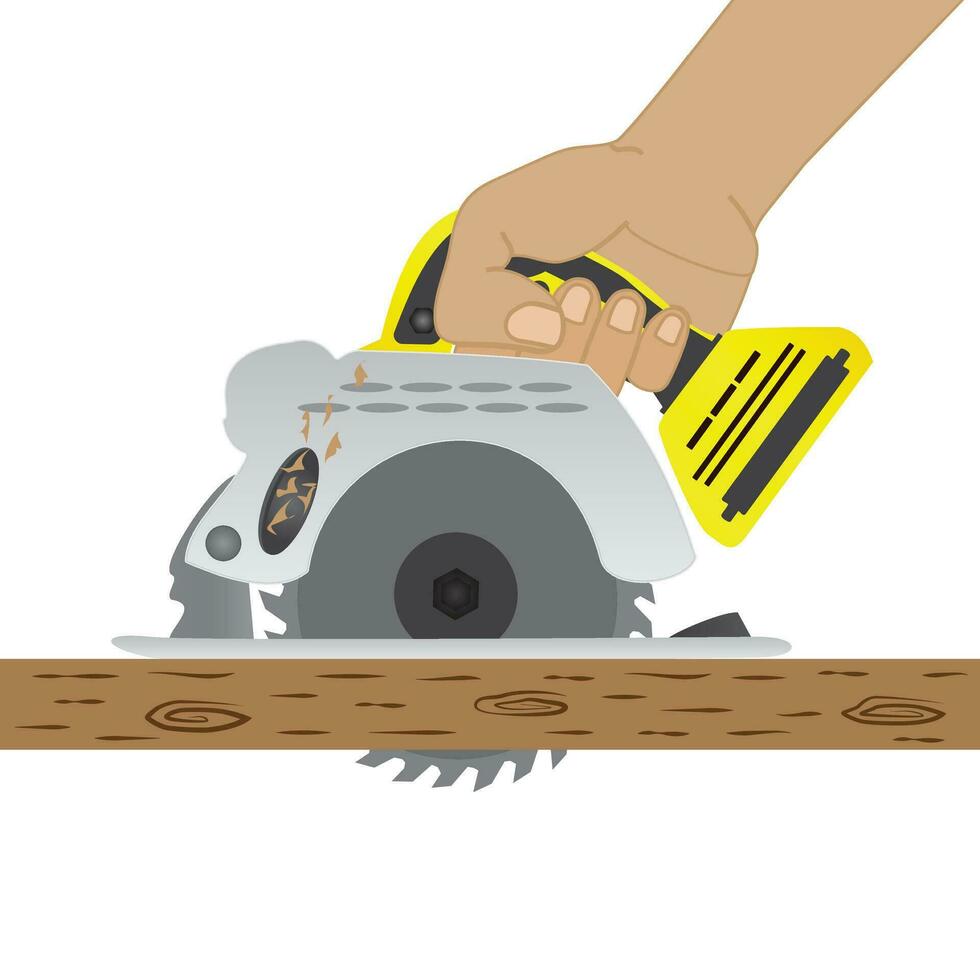 Builder saws a board with a circular saw in the cutting a wooden plank, Vector illustration EPS 10.