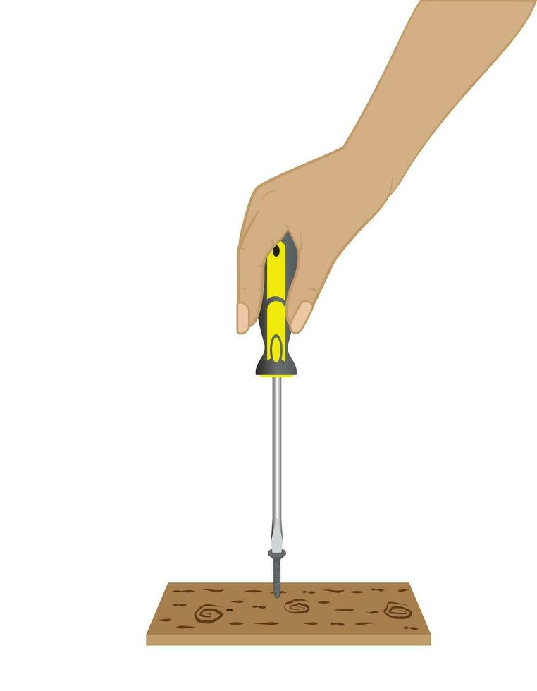 Hand of woman worker screws in a wooden block with a screwdriver. Vector illustration EPS 10. style cartoon.