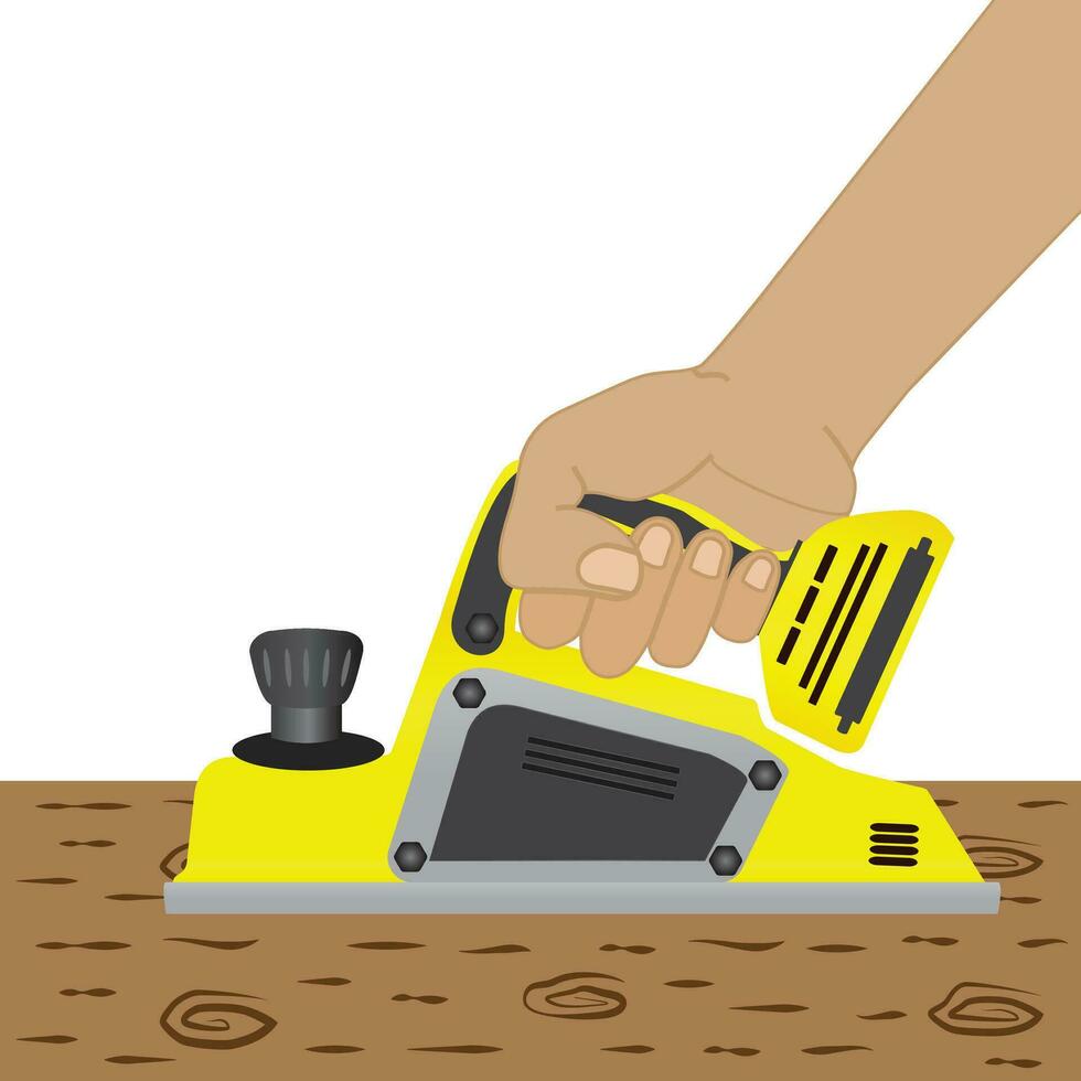 Professional Carpentry Equipment During Wood Work. Electric Planer Machine In Hands of Carpenter Planing the Wood Plank. Vector illustration EPS 10.