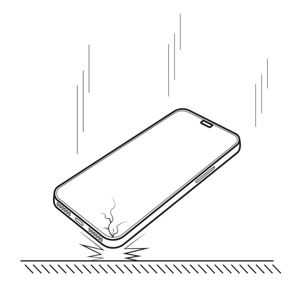 Smartphone crash test and drop-testing. smartphones. Falling the smartphone from a height. The gadget fallen on the floor. Examination of the phone for damage.Vector illustration. Editable stroke. vector