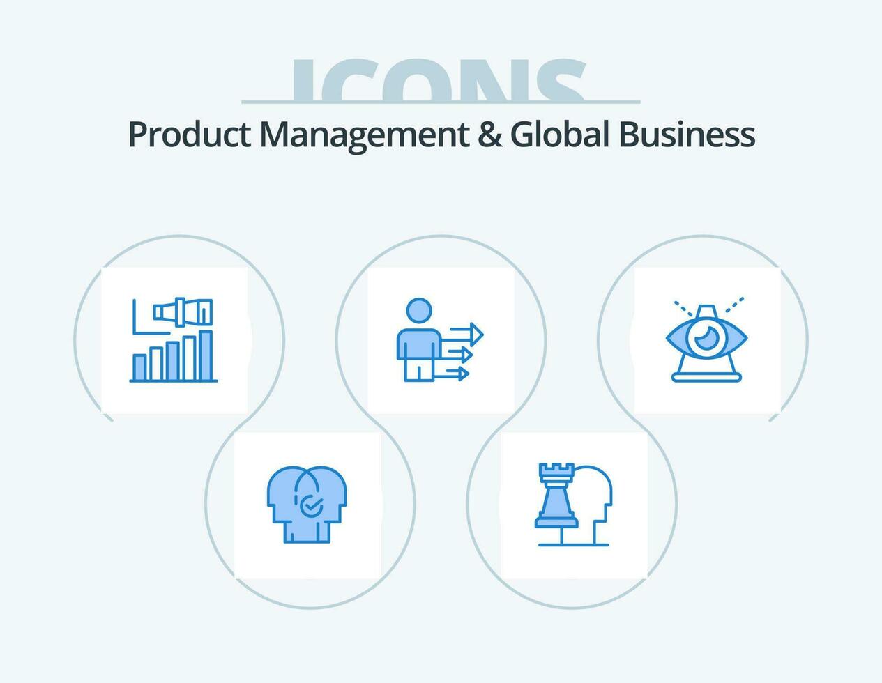 producto gestión y global negocio azul icono paquete 5 5 icono diseño. moderno. negocio. estratégico. acercarse. término vector